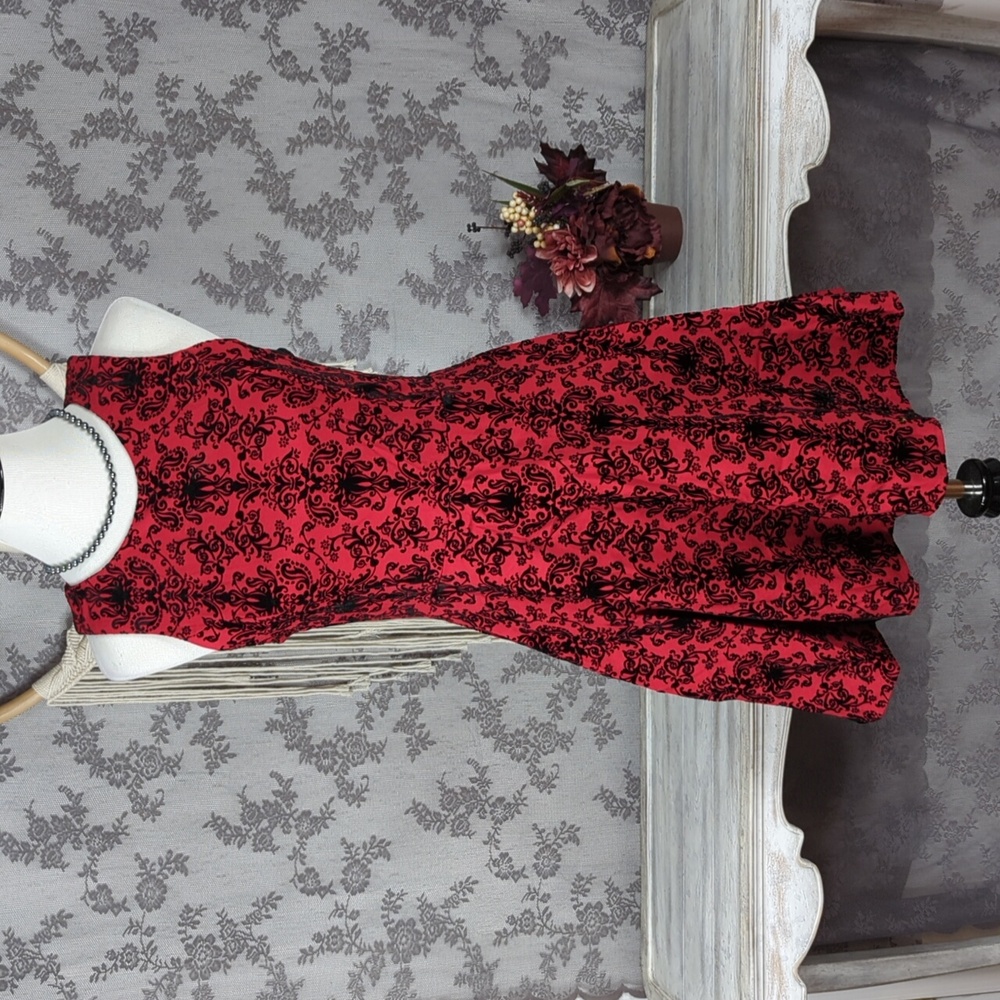 Skies Are Blue red and black flocked brocade fit and flare dress